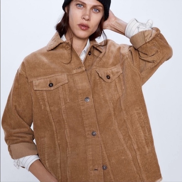 Zara Corduroy Trucker Fray Shirt Shacket Jacket, Camel, Size S - Picture 2 of 9